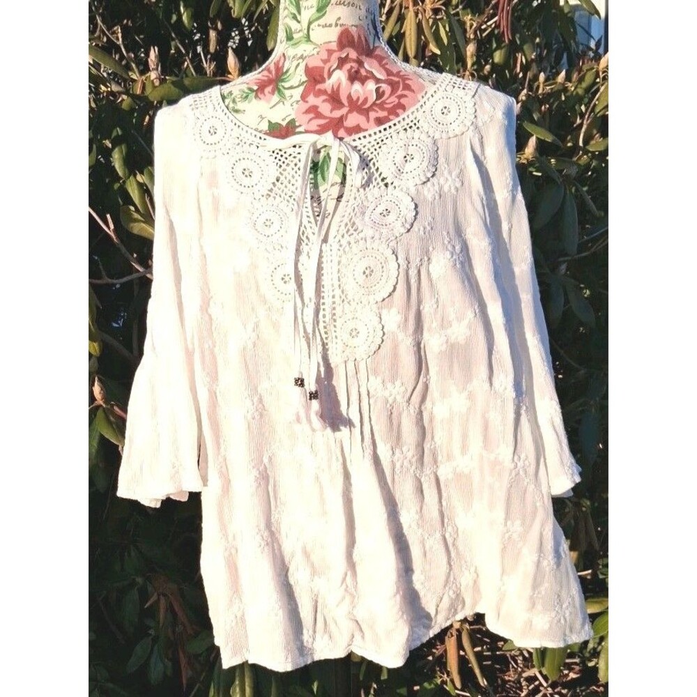 Summer White Eyelet Cotton Embroidered Womens 2X Shirt Romantic Coastal Boho